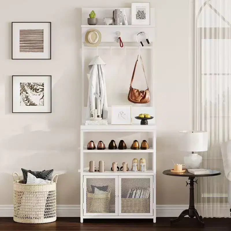 Porte-manteau et meuble à chaussures 185 cm, banc d'entrée blanc avec portes, portant étroit avec étagère à chaussures et 7 crochets pour entrée, chambre et buanderie