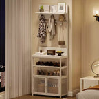 Porte-manteau et meuble à chaussures 185 cm, banc d'entrée blanc avec portes, portant étroit avec étagère à chaussures et 7 crochets pour entrée, chambre et buanderie