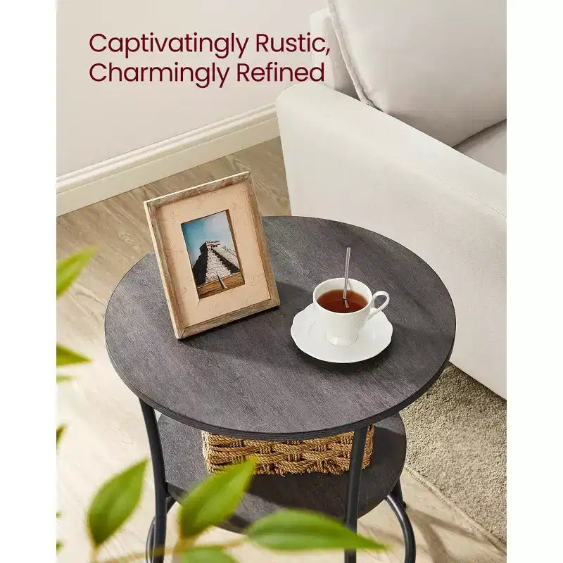 VASAGLE Table d'appoint, Table d'appoint ronde à 2 étagères pour Salon, Chambre, Table de chevet avec Cadre en acier pour Petits Espaces