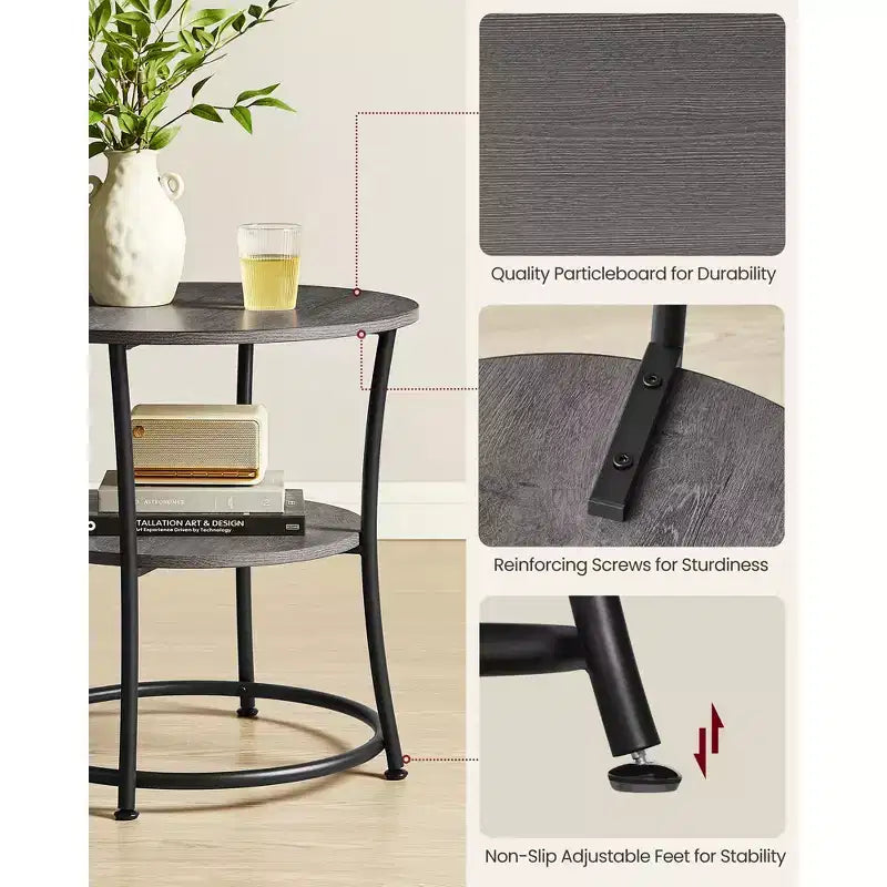VASAGLE Table d'appoint, Table d'appoint ronde à 2 étagères pour Salon, Chambre, Table de chevet avec Cadre en acier pour Petits Espaces