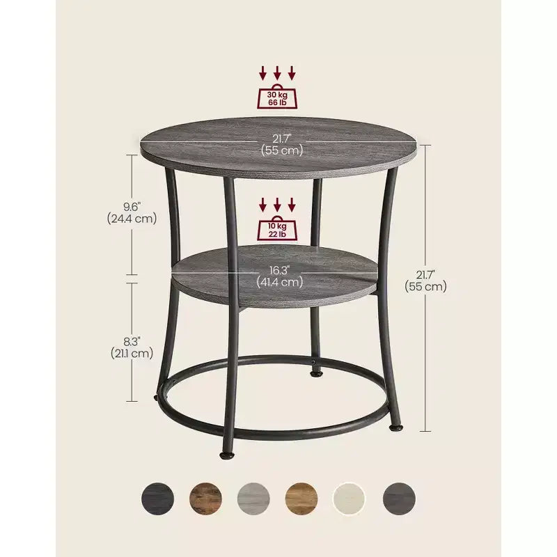 VASAGLE Table d'appoint, Table d'appoint ronde à 2 étagères pour Salon, Chambre, Table de chevet avec Cadre en acier pour Petits Espaces