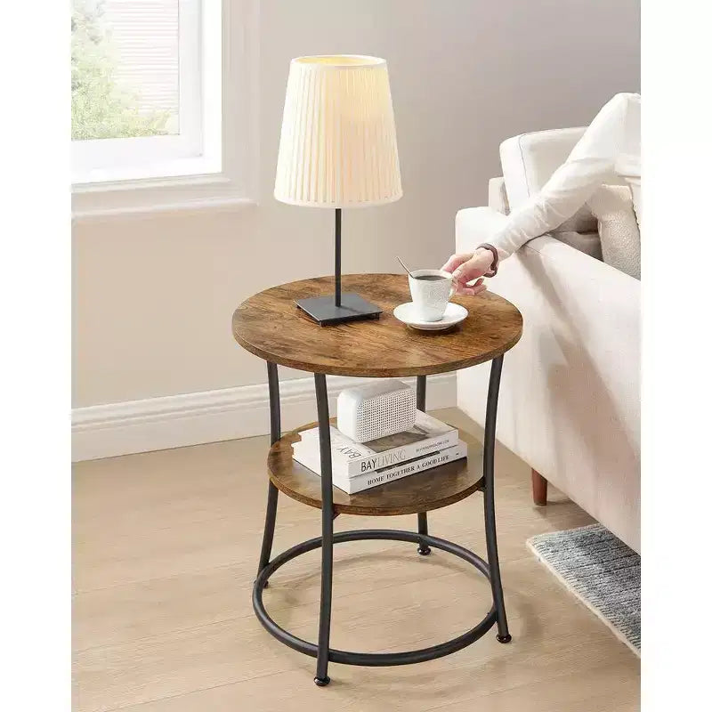 VASAGLE Table d'appoint, Table d'appoint ronde à 2 étagères pour Salon, Chambre, Table de chevet avec Cadre en acier pour Petits Espaces