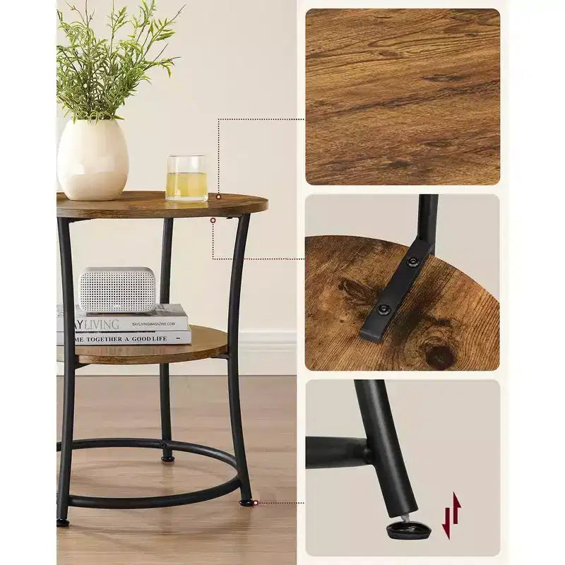 VASAGLE Table d'appoint, Table d'appoint ronde à 2 étagères pour Salon, Chambre, Table de chevet avec Cadre en acier pour Petits Espaces