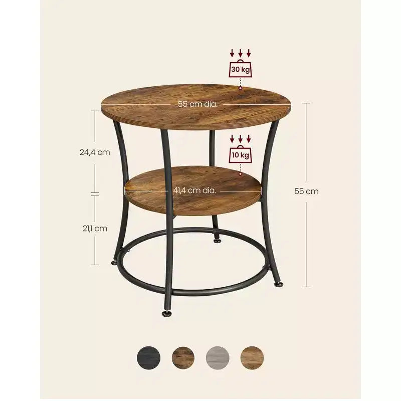 VASAGLE Table d'appoint, Table d'appoint ronde à 2 étagères pour Salon, Chambre, Table de chevet avec Cadre en acier pour Petits Espaces