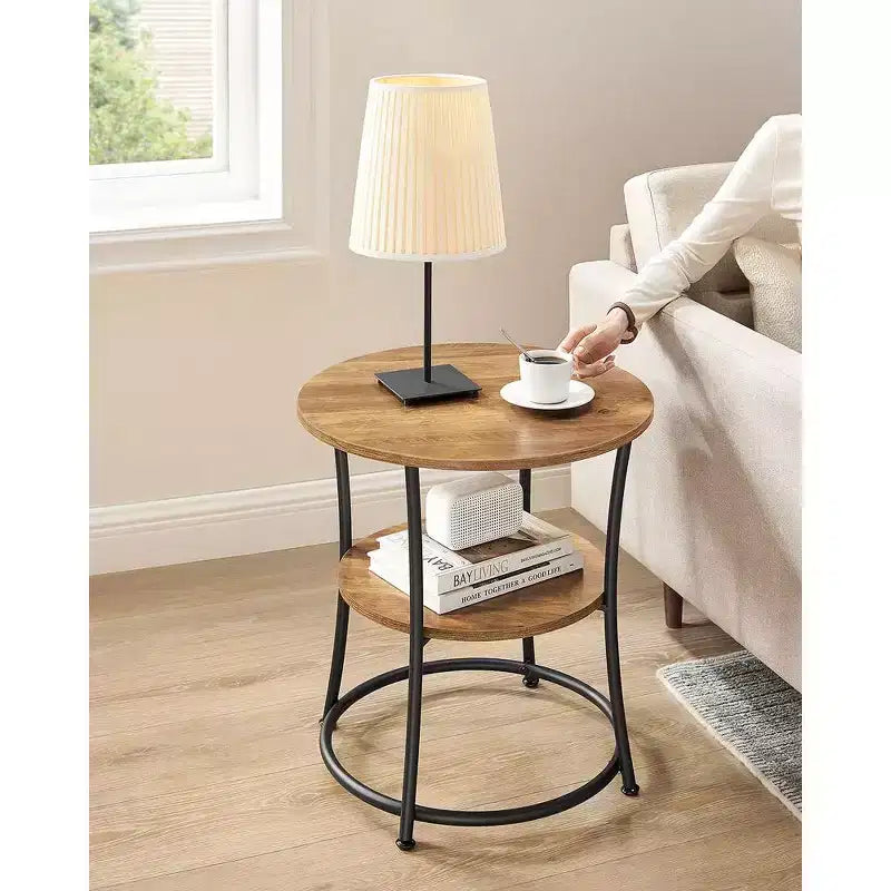 VASAGLE Table d'appoint, Table d'appoint ronde à 2 étagères pour Salon, Chambre, Table de chevet avec Cadre en acier pour Petits Espaces