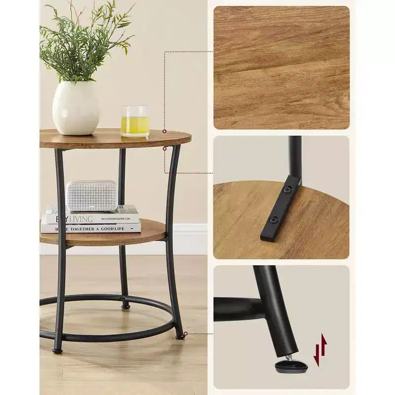 VASAGLE Table d'appoint, Table d'appoint ronde à 2 étagères pour Salon, Chambre, Table de chevet avec Cadre en acier pour Petits Espaces