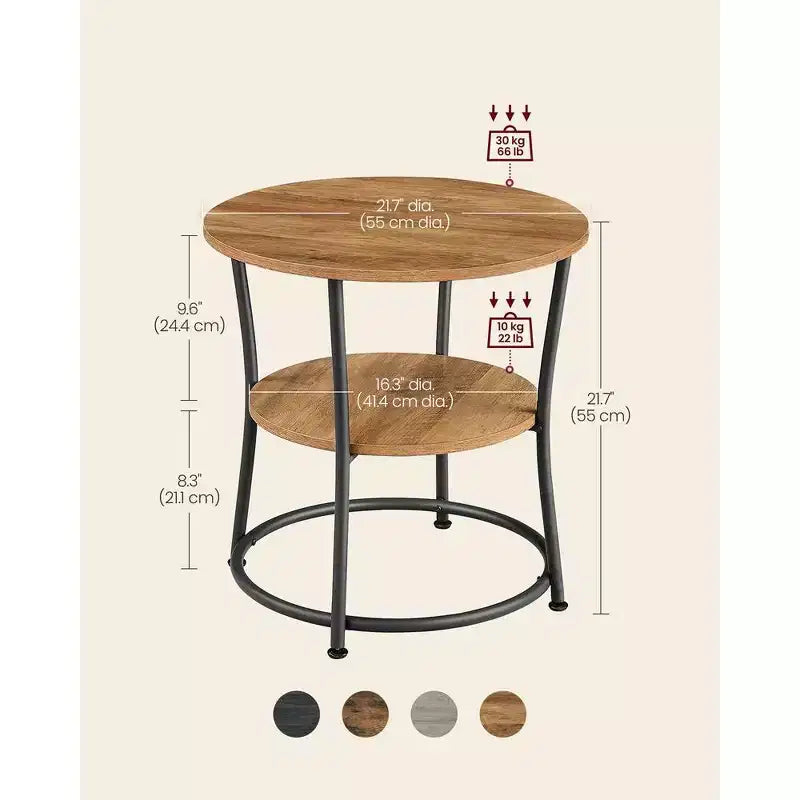 VASAGLE Table d'appoint, Table d'appoint ronde à 2 étagères pour Salon, Chambre, Table de chevet avec Cadre en acier pour Petits Espaces