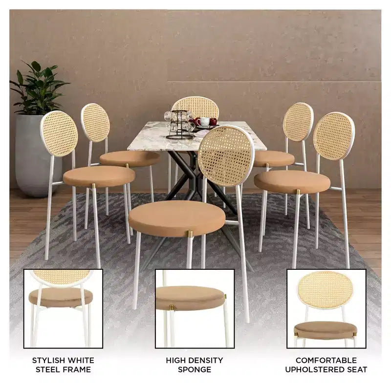 Chaise de salle à manger en velours LeisureMod Euston – Chaise à dossier ouvert en rotin avec base en acier inoxydable, assise moderne confortable pour cuisine, salle à manger, café