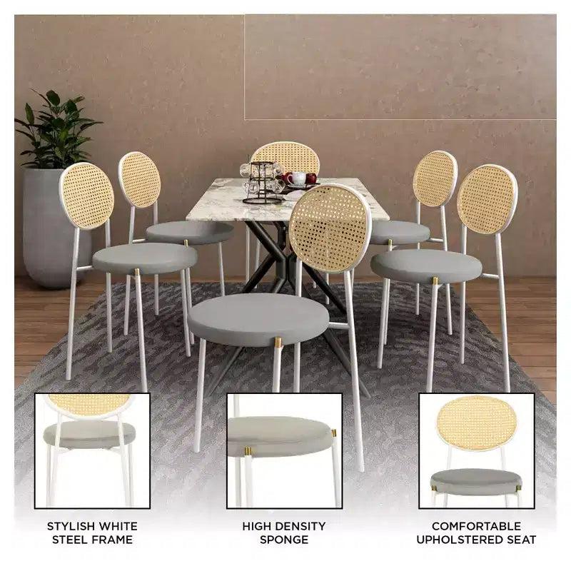 Chaise de salle à manger en velours LeisureMod Euston – Chaise à dossier ouvert en rotin avec base en acier inoxydable, assise moderne confortable pour cuisine, salle à manger, café