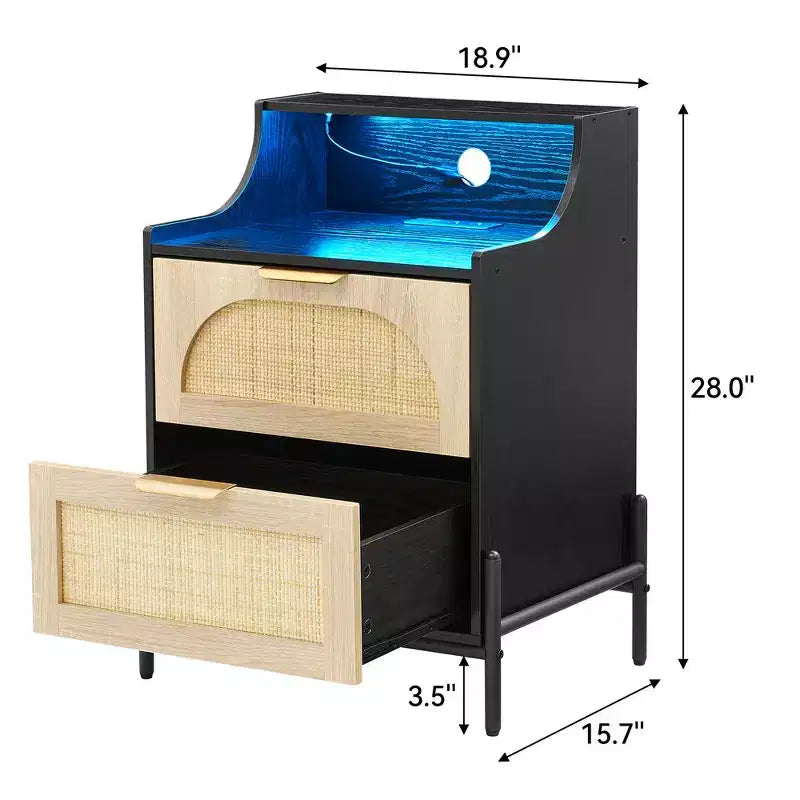 Table de chevet en rotin avec lumières LED et station de charge, table de chevet noire avec 2 tiroirs de rangement pour chambre, salon, dortoir