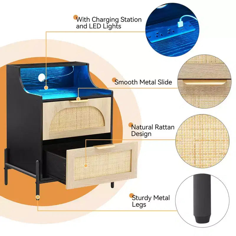 Table de chevet en rotin avec lumières LED et station de charge, table de chevet noire avec 2 tiroirs de rangement pour chambre, salon, dortoir