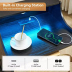 Table de chevet en rotin avec lumières LED et station de charge, table de chevet noire avec 2 tiroirs de rangement pour chambre, salon, dortoir