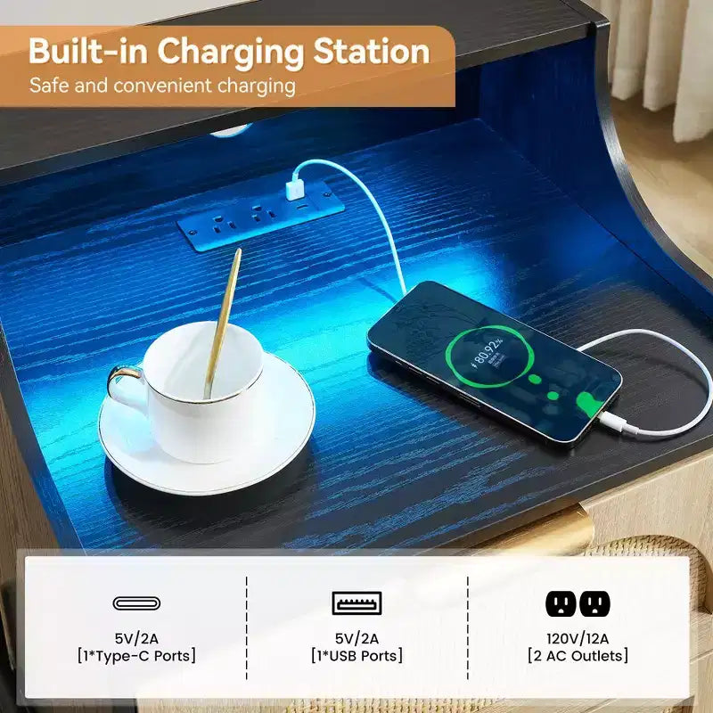 Table de chevet en rotin avec lumières LED et station de charge, table de chevet noire avec 2 tiroirs de rangement pour chambre, salon, dortoir
