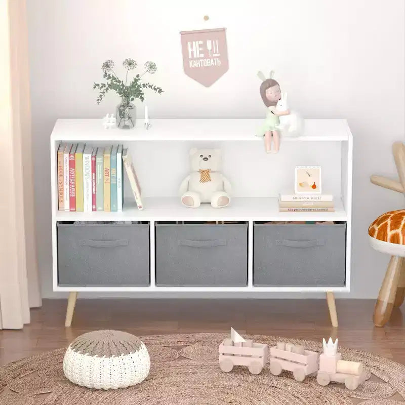 HOMLUX Étagère à Livres pour Enfants 2 Niveaux, Meuble de Rangement Jouets avec 3 Tiroirs, Rose/Gris/Bleu