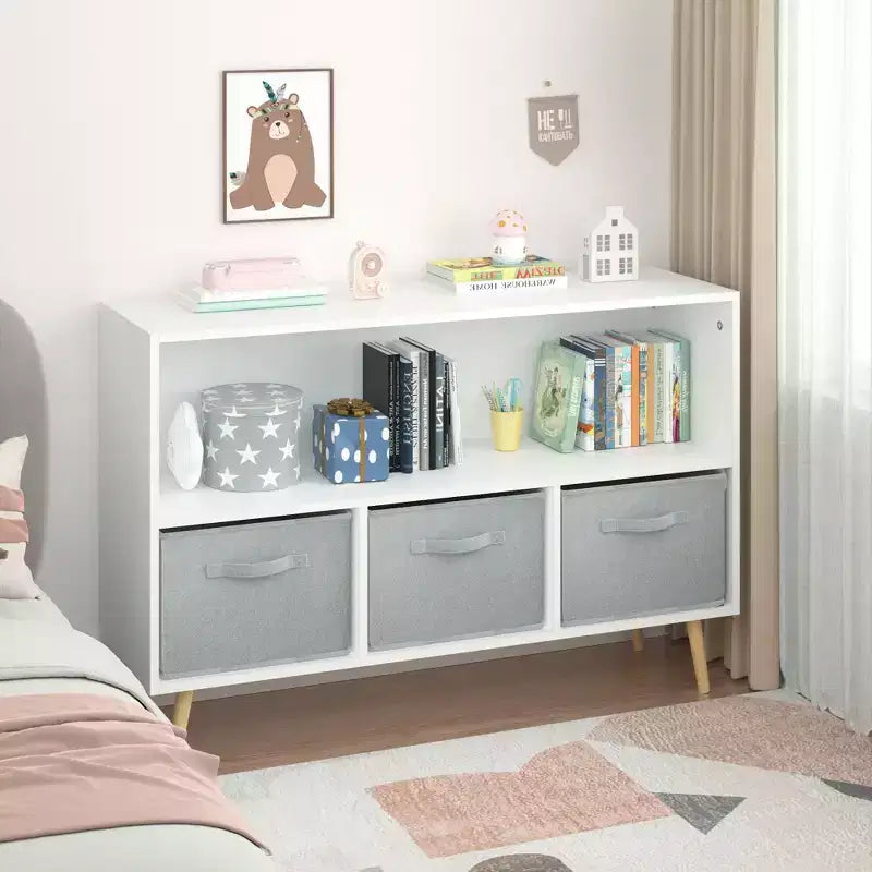 HOMLUX Étagère à Livres pour Enfants 2 Niveaux, Meuble de Rangement Jouets avec 3 Tiroirs, Rose/Gris/Bleu