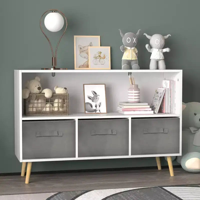 HOMLUX Étagère à Livres pour Enfants 2 Niveaux, Meuble de Rangement Jouets avec 3 Tiroirs, Rose/Gris/Bleu