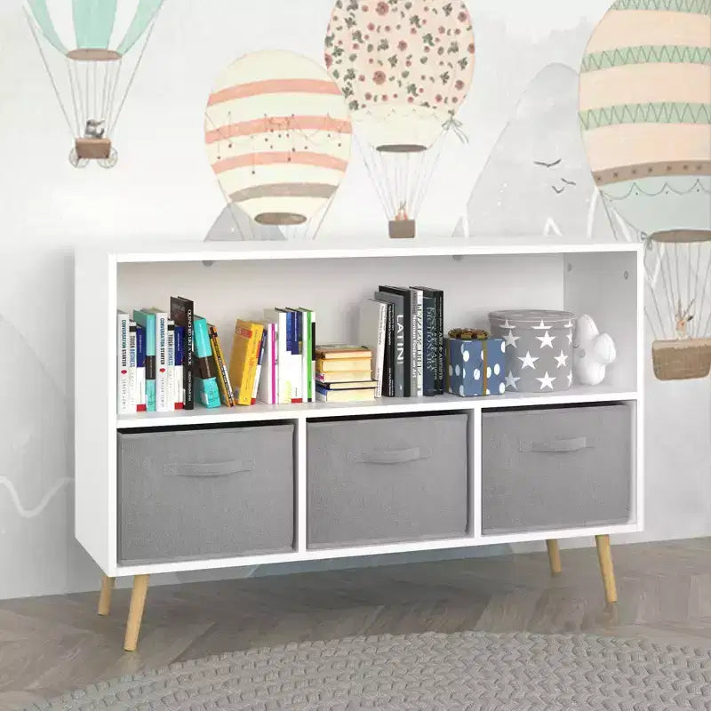 HOMLUX Étagère à Livres pour Enfants 2 Niveaux, Meuble de Rangement Jouets avec 3 Tiroirs, Rose/Gris/Bleu