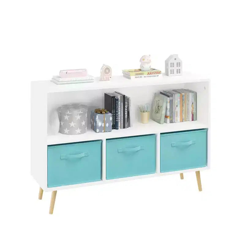 HOMLUX Étagère à Livres pour Enfants 2 Niveaux, Meuble de Rangement Jouets avec 3 Tiroirs, Rose/Gris/Bleu