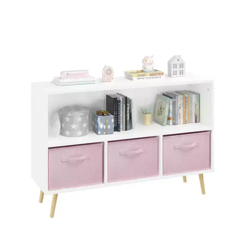 HOMLUX Étagère à Livres pour Enfants 2 Niveaux, Meuble de Rangement Jouets avec 3 Tiroirs, Rose/Gris/Bleu