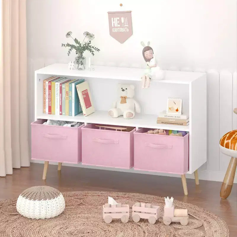 HOMLUX Étagère à Livres pour Enfants 2 Niveaux, Meuble de Rangement Jouets avec 3 Tiroirs, Rose/Gris/Bleu