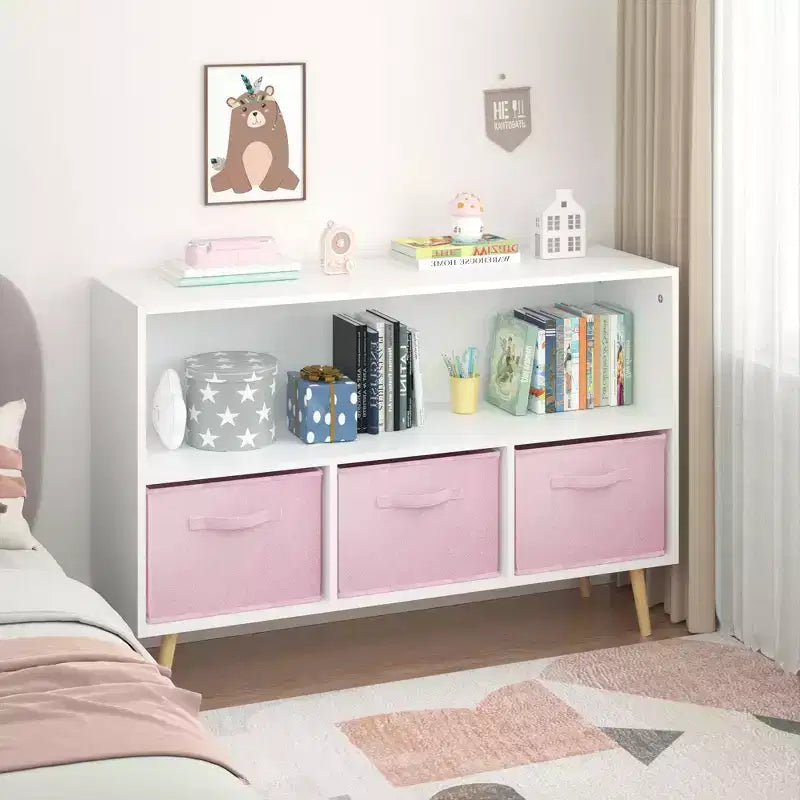 HOMLUX Étagère à Livres pour Enfants 2 Niveaux, Meuble de Rangement Jouets avec 3 Tiroirs, Rose/Gris/Bleu