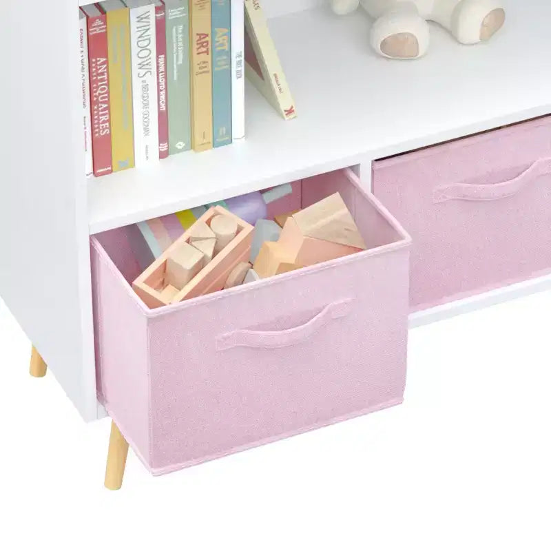 HOMLUX Étagère à Livres pour Enfants 2 Niveaux, Meuble de Rangement Jouets avec 3 Tiroirs, Rose/Gris/Bleu