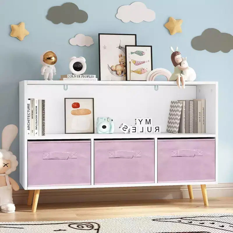 HOMLUX Étagère à Livres pour Enfants 2 Niveaux, Meuble de Rangement Jouets avec 3 Tiroirs, Rose/Gris/Bleu