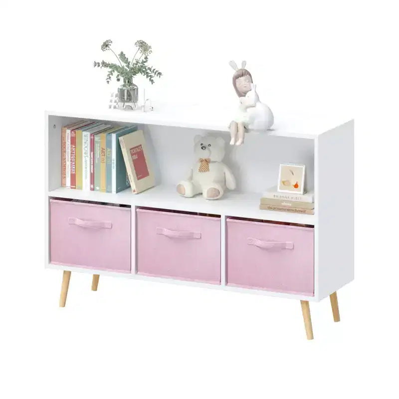 HOMLUX Étagère à Livres pour Enfants 2 Niveaux, Meuble de Rangement Jouets avec 3 Tiroirs, Rose/Gris/Bleu