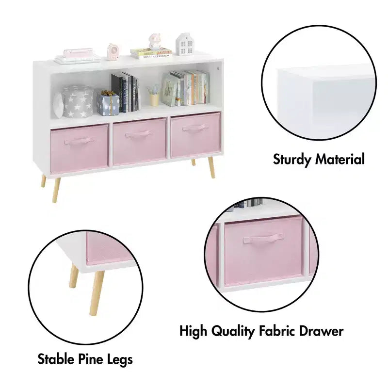 HOMLUX Étagère à Livres pour Enfants 2 Niveaux, Meuble de Rangement Jouets avec 3 Tiroirs, Rose/Gris/Bleu