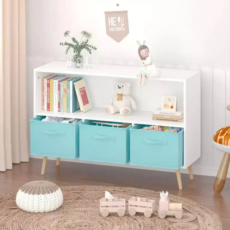 HOMLUX Étagère à Livres pour Enfants 2 Niveaux, Meuble de Rangement Jouets avec 3 Tiroirs, Rose/Gris/Bleu