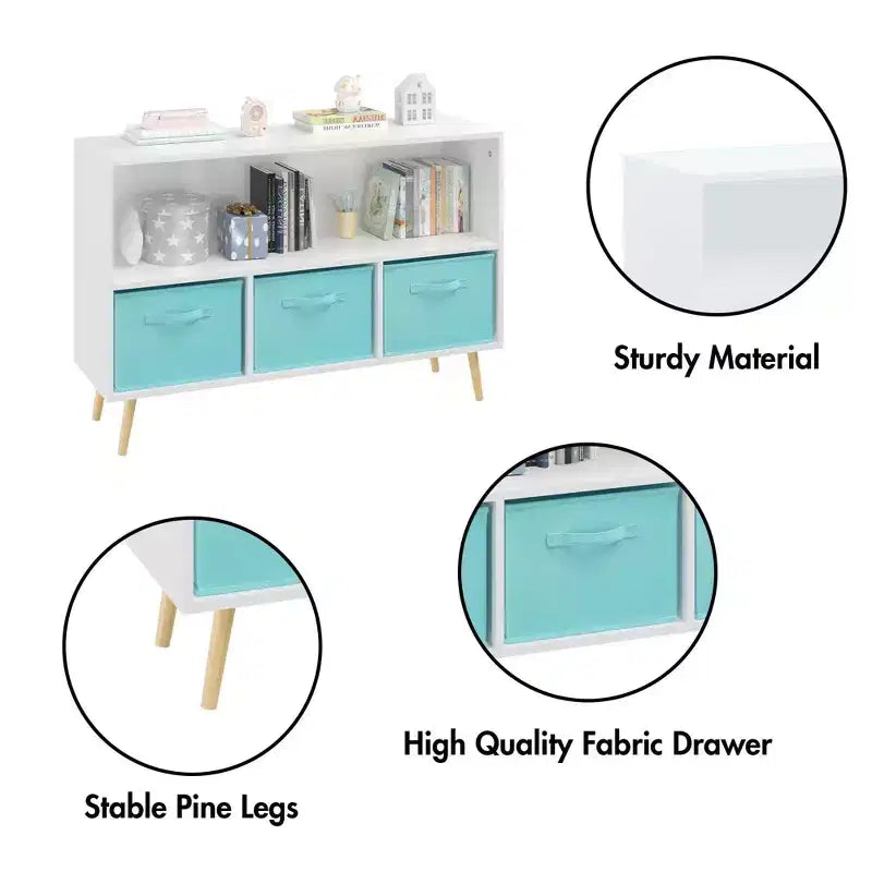 HOMLUX Étagère à Livres pour Enfants 2 Niveaux, Meuble de Rangement Jouets avec 3 Tiroirs, Rose/Gris/Bleu