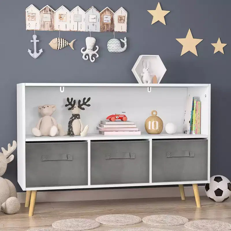 HOMLUX Étagère à Livres pour Enfants 2 Niveaux, Meuble de Rangement Jouets avec 3 Tiroirs, Rose/Gris/Bleu