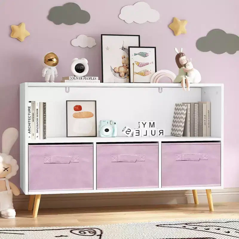 HOMLUX Étagère à Livres pour Enfants 2 Niveaux, Meuble de Rangement Jouets avec 3 Tiroirs, Rose/Gris/Bleu