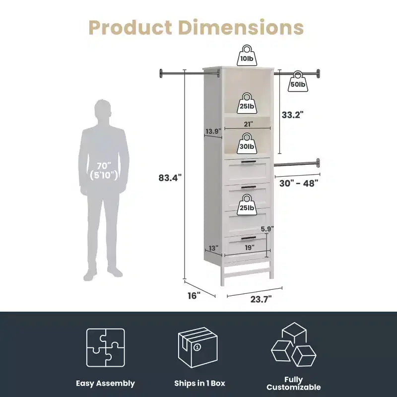 Placard de rangement Systembuild Evolution Luxe avec 4 tiroirs et 3 tringles à vêtements réglables, Chêne ivoire