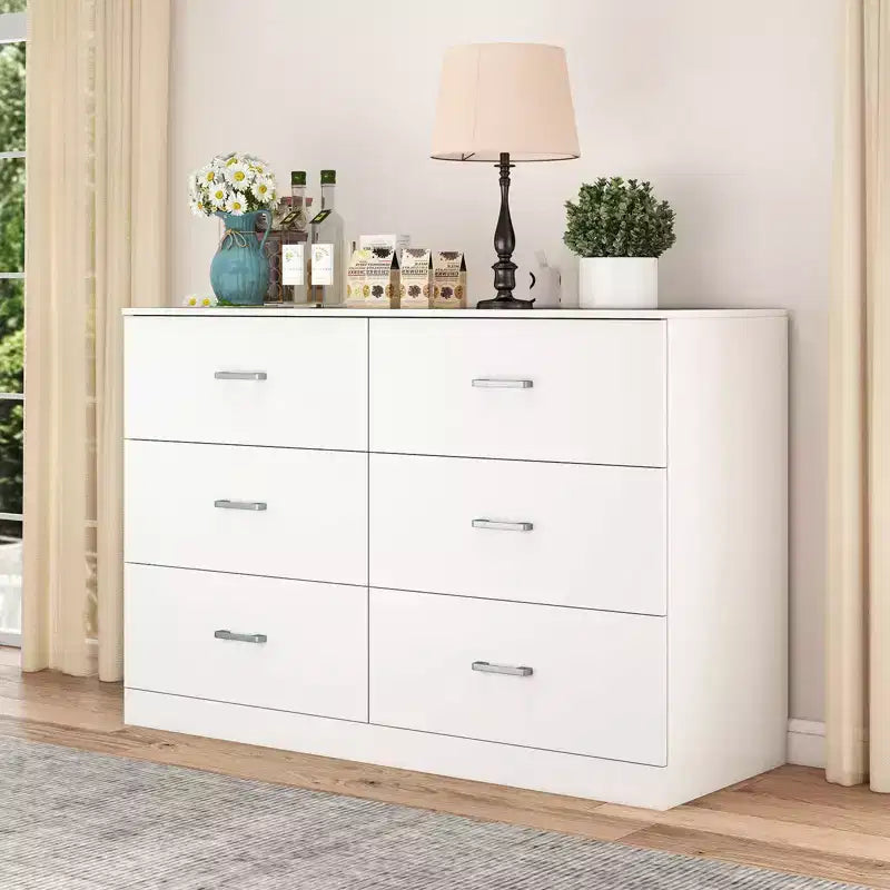 Commode en bois 6 tiroirs, horizontale, large, pour chambre à coucher