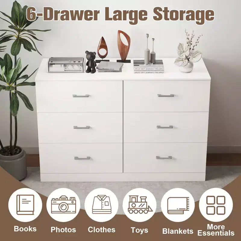 Commode en bois 6 tiroirs, horizontale, large, pour chambre à coucher