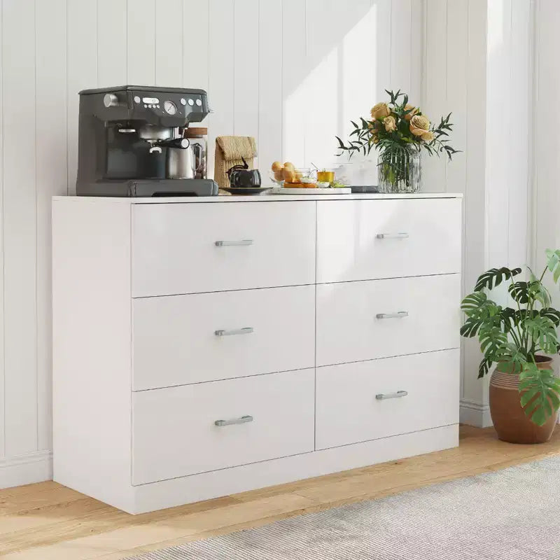 Commode en bois 6 tiroirs, horizontale, large, pour chambre à coucher