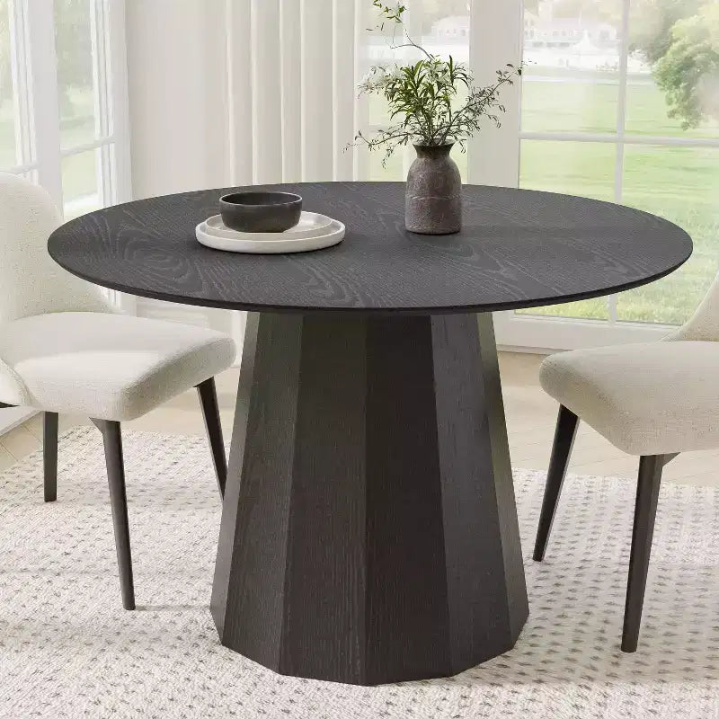Table de salle à manger ronde Dovelina de style Mid-Century, table de cuisine en bois, table de salle à manger pour 4 personnes - Noir