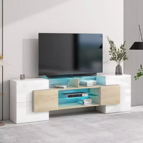 Meuble TV moderne 80, Centre de divertissement avec 2 étagères en verre illuminées Meuble TV pour salon