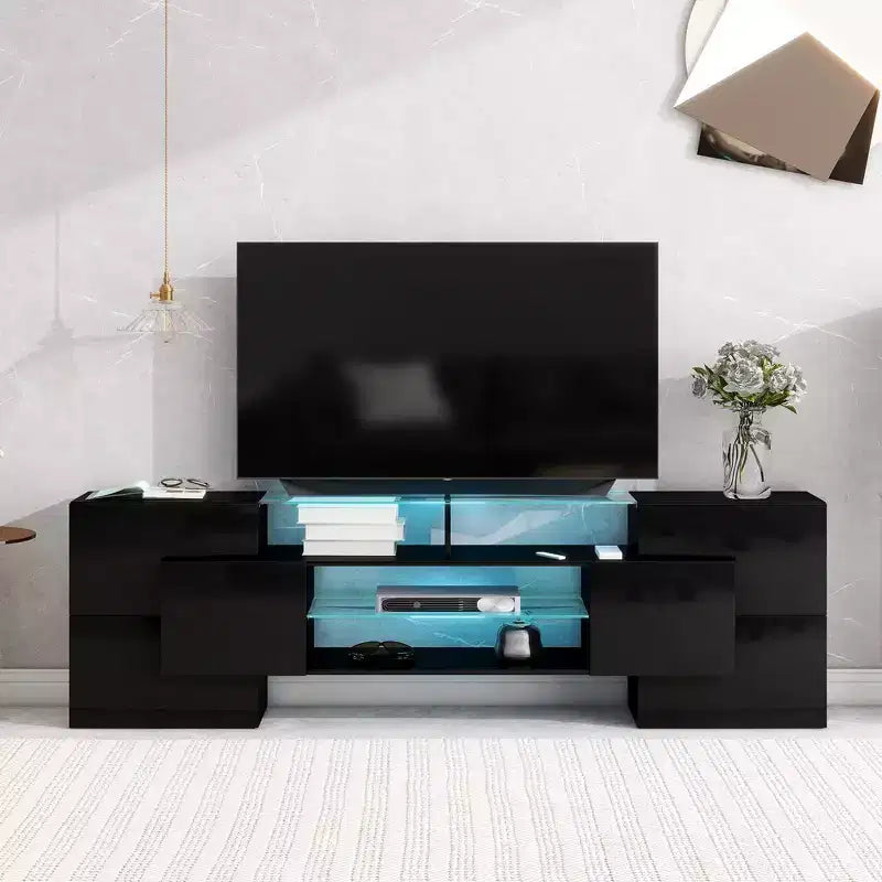 Meuble TV moderne 80, Centre de divertissement avec 2 étagères en verre illuminées Meuble TV pour salon