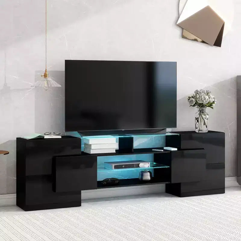 Meuble TV moderne 80, Centre de divertissement avec 2 étagères en verre illuminées Meuble TV pour salon