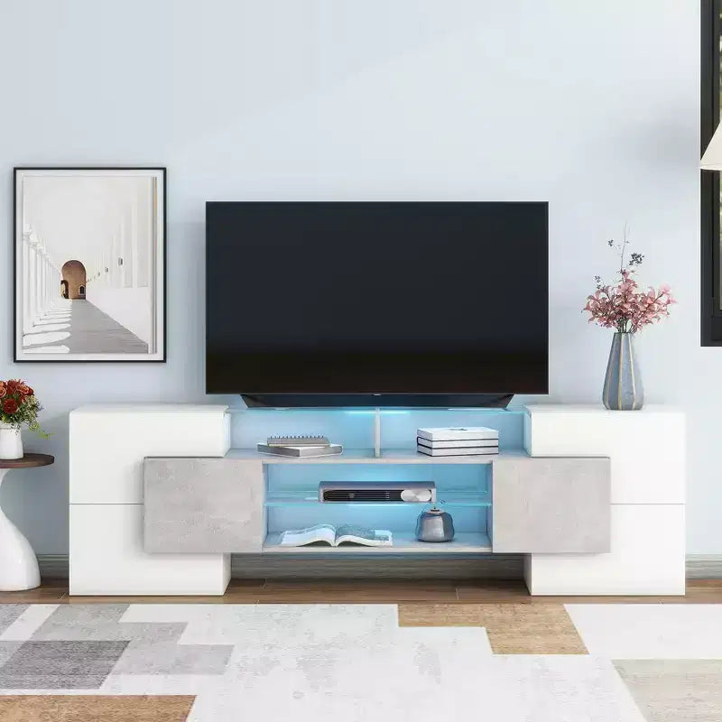 Meuble TV moderne 80, Centre de divertissement avec 2 étagères en verre illuminées Meuble TV pour salon