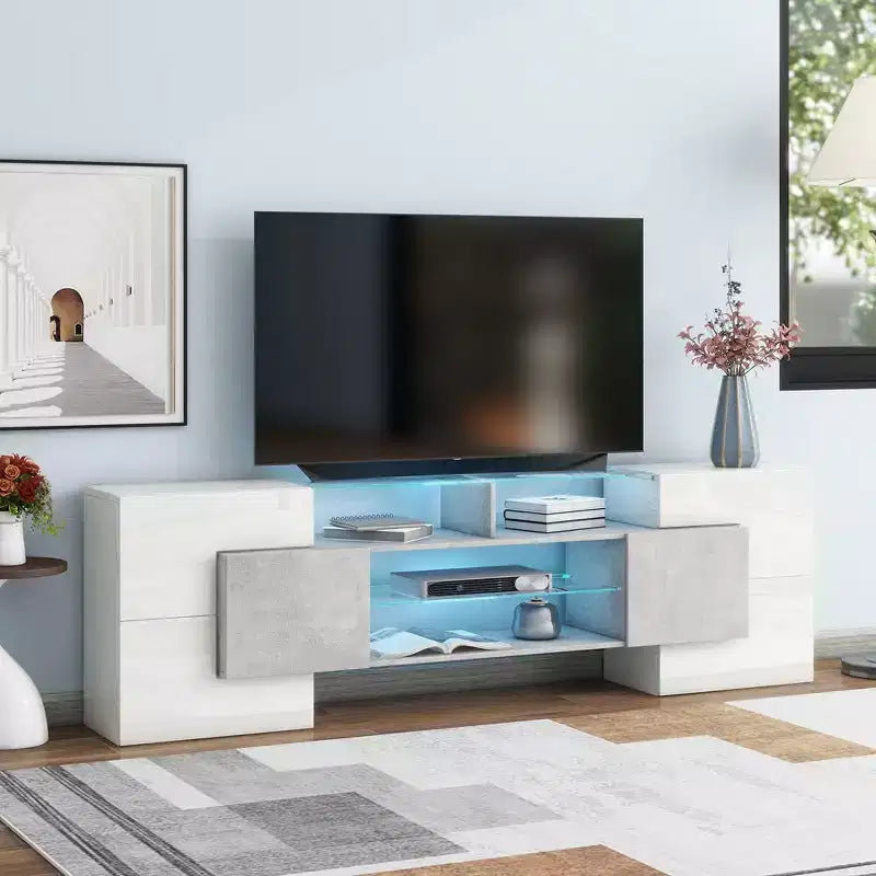Meuble TV moderne 80, Centre de divertissement avec 2 étagères en verre illuminées Meuble TV pour salon