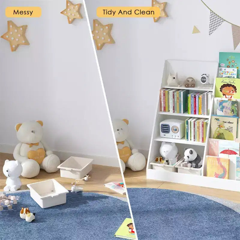 Étagère à Livres pour Enfants 4 Niveaux en Bois, Bibliothèque Sling à 6 Niveaux, Rangement pour Livres Bébé, Présentoir à Livres, Meuble de Rangement pour Livres et Jouets pour Chambre d'Enfant et Salle de Jeux