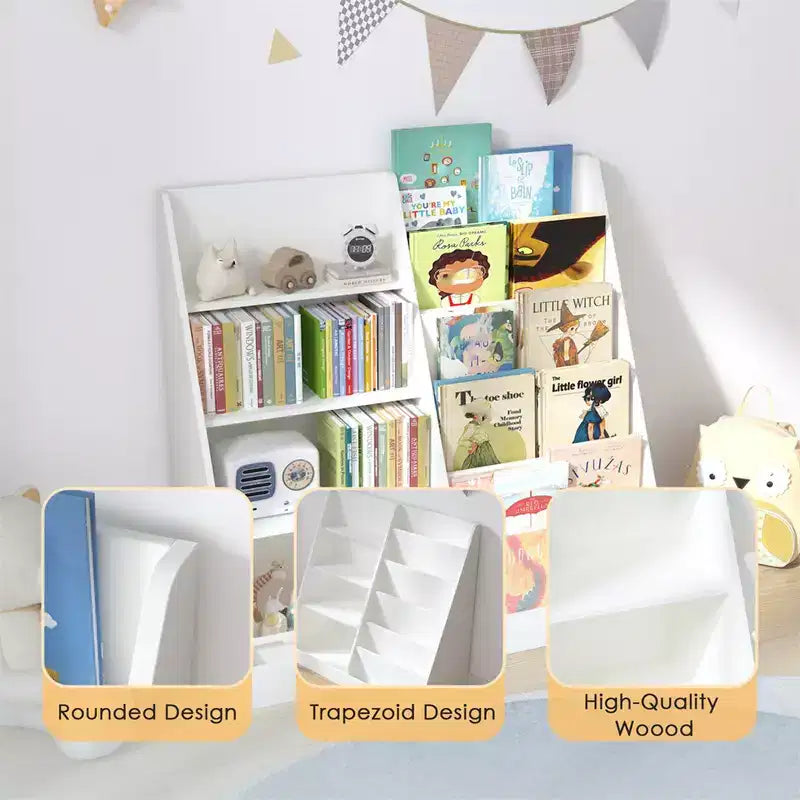 Étagère à Livres pour Enfants 4 Niveaux en Bois, Bibliothèque Sling à 6 Niveaux, Rangement pour Livres Bébé, Présentoir à Livres, Meuble de Rangement pour Livres et Jouets pour Chambre d'Enfant et Salle de Jeux