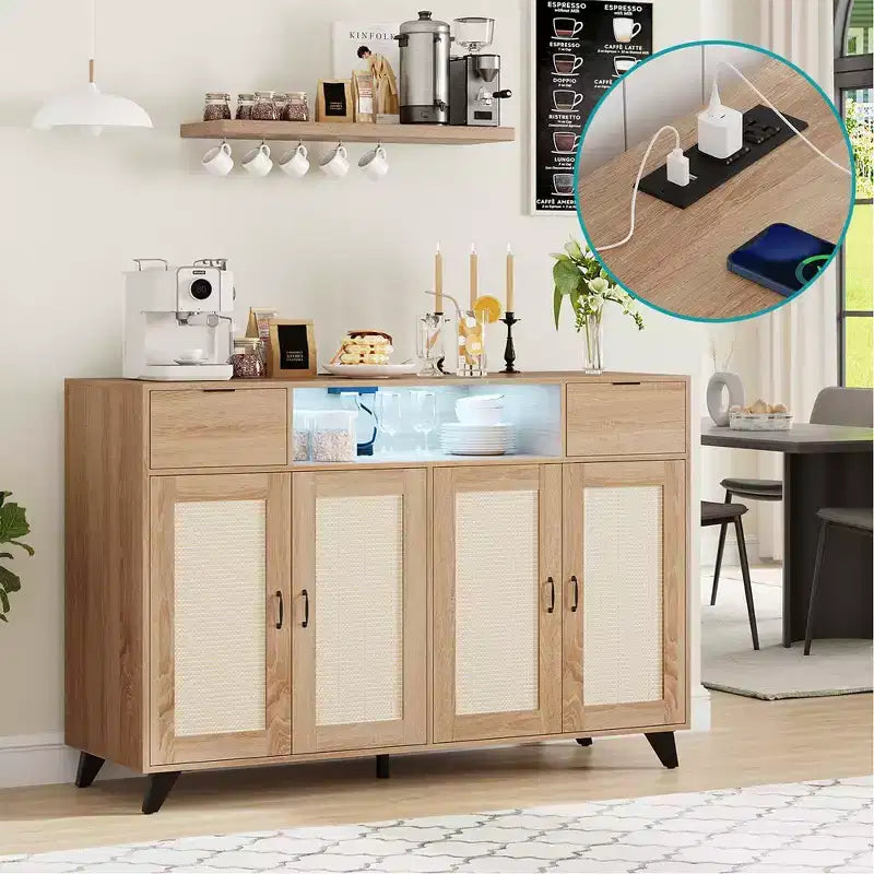 Bahut vaisselier, buffet, console, meuble de rangement d'appoint avec 4 portes en rotin, 2 tiroirs, bar à café avec prise de courant et éclairage LED