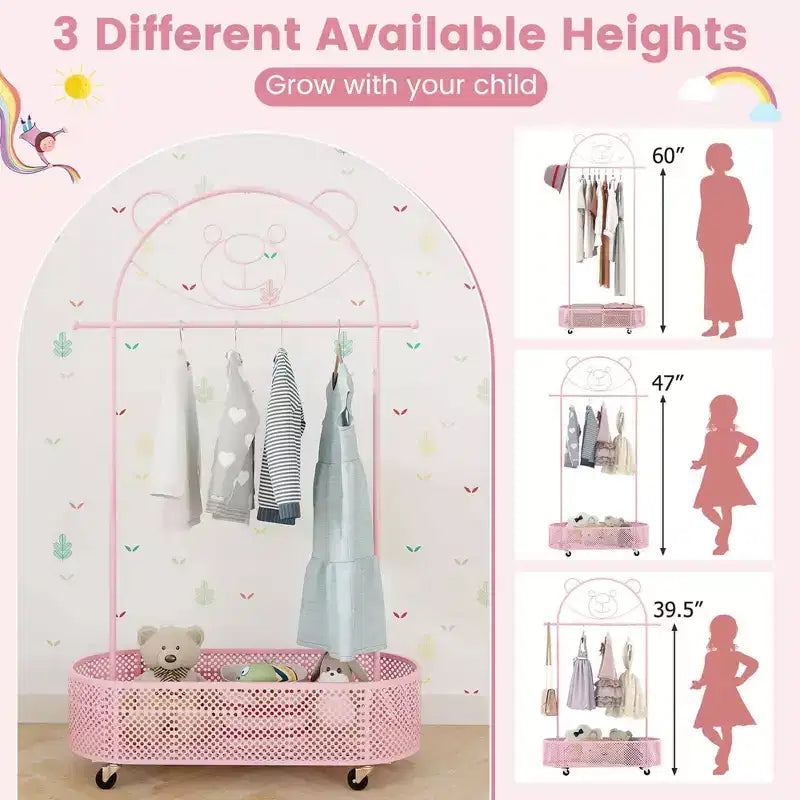 Portant à vêtements pour enfants Costway avec 3 hauteurs réglables, penderie sur pied blanc/rose