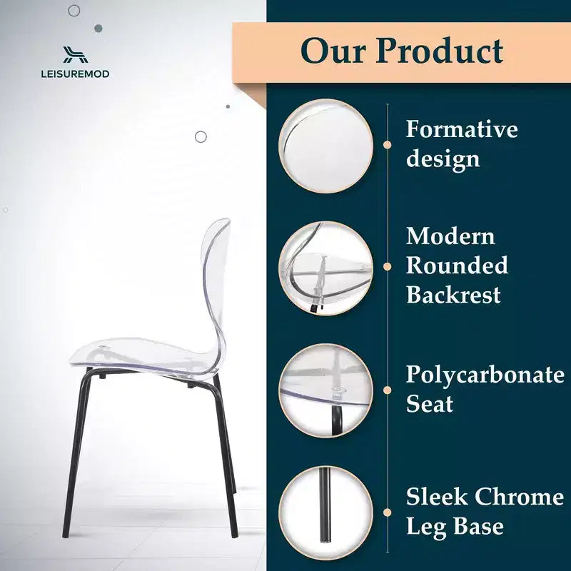 LeisureMod Oyster Chaises de salle à manger transparentes (Lot de 4) - Design incurvé empilable avec pieds en acier inoxydable noir pour cuisine ou salle à manger