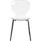 LeisureMod Oyster Chaises de salle à manger transparentes (Lot de 4) - Design incurvé empilable avec pieds en acier inoxydable noir pour cuisine ou salle à manger
