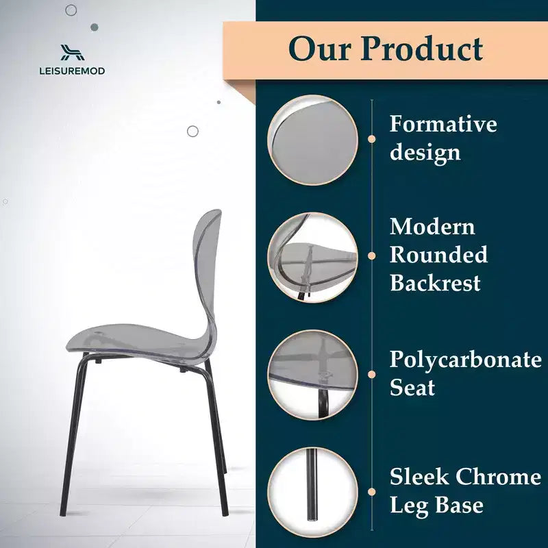 LeisureMod Oyster Chaises de salle à manger transparentes (Lot de 4) - Design incurvé empilable avec pieds en acier inoxydable noir pour cuisine ou salle à manger